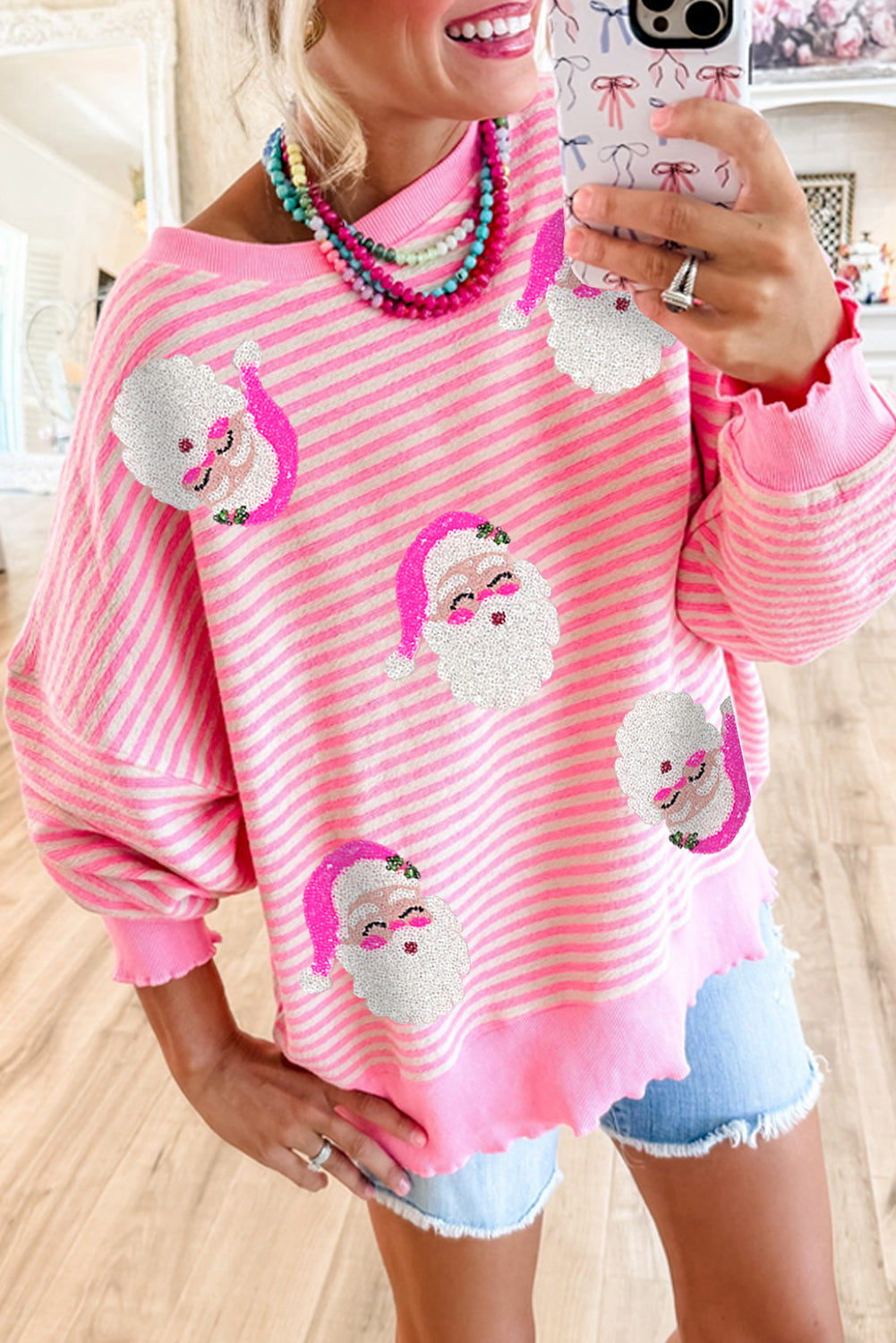 Dames Lange Mouw Top met Santa Claus Print en Roze Strepen 3