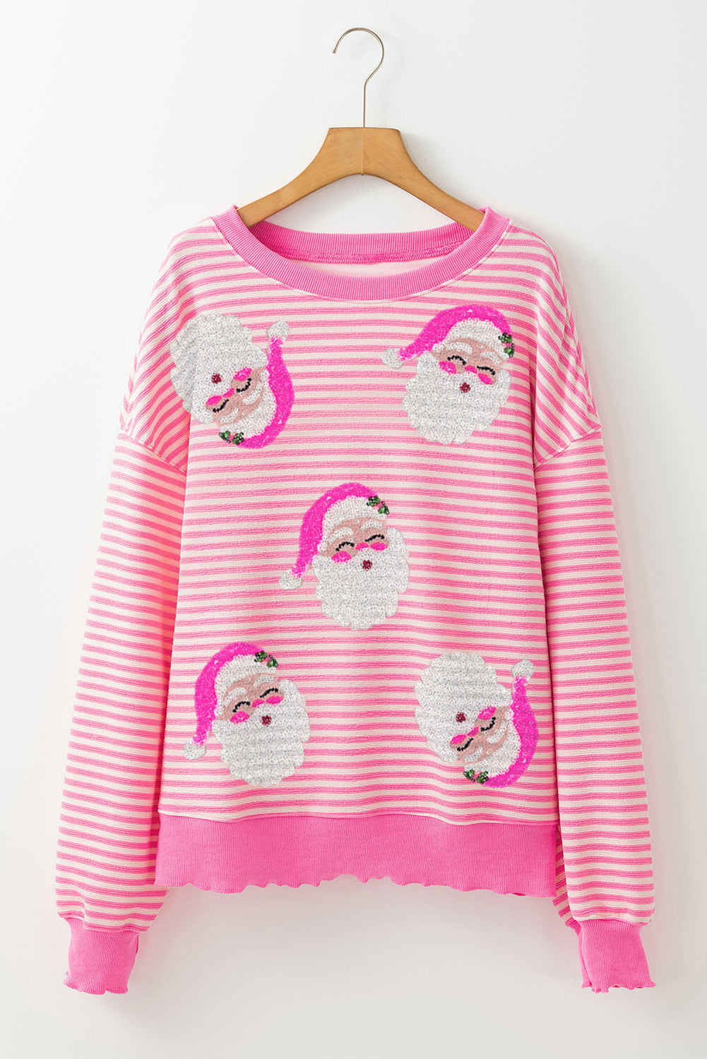 Dames Lange Mouw Top met Santa Claus Print en Roze Strepen 4