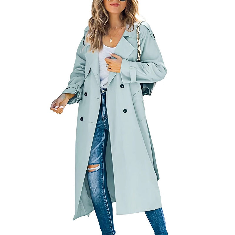 Dames Lange Trenchcoat Met Dubbele Rij Knopen - Tijdloze Stijl voor Elke Gelegenheid 1