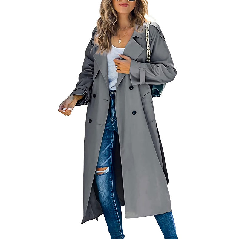 Dames Lange Trenchcoat Met Dubbele Rij Knopen - Tijdloze Stijl voor Elke Gelegenheid 2