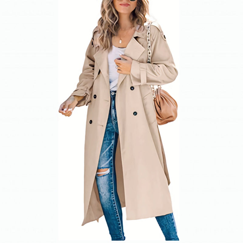 Dames Lange Trenchcoat Met Dubbele Rij Knopen - Tijdloze Stijl voor Elke Gelegenheid 3
