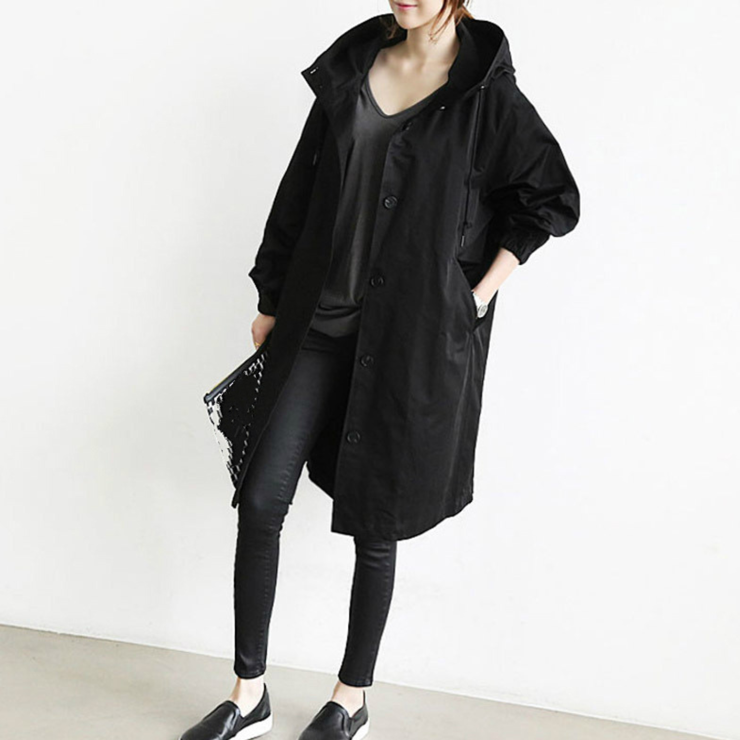 Dames Lange Trenchcoat met Kapuze en Verstelbare Taille 0