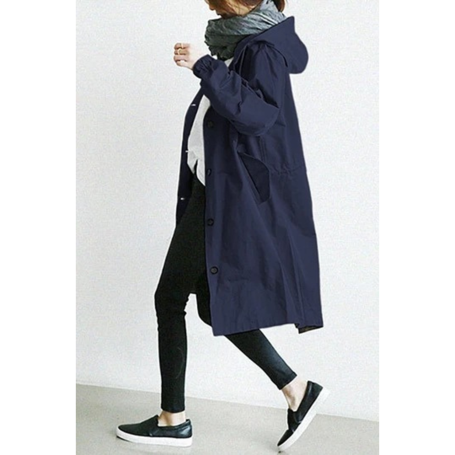 Dames Lange Trenchcoat met Kapuze en Verstelbare Taille 1