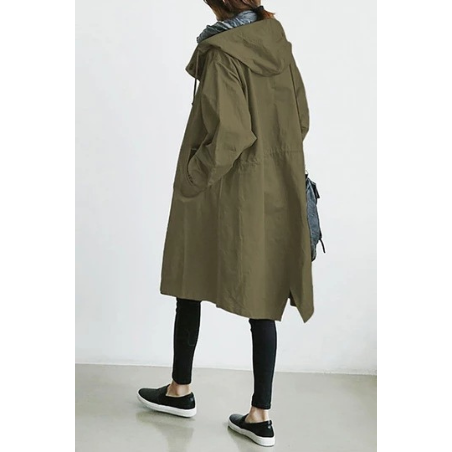 Dames Lange Trenchcoat met Kapuze en Verstelbare Taille 3