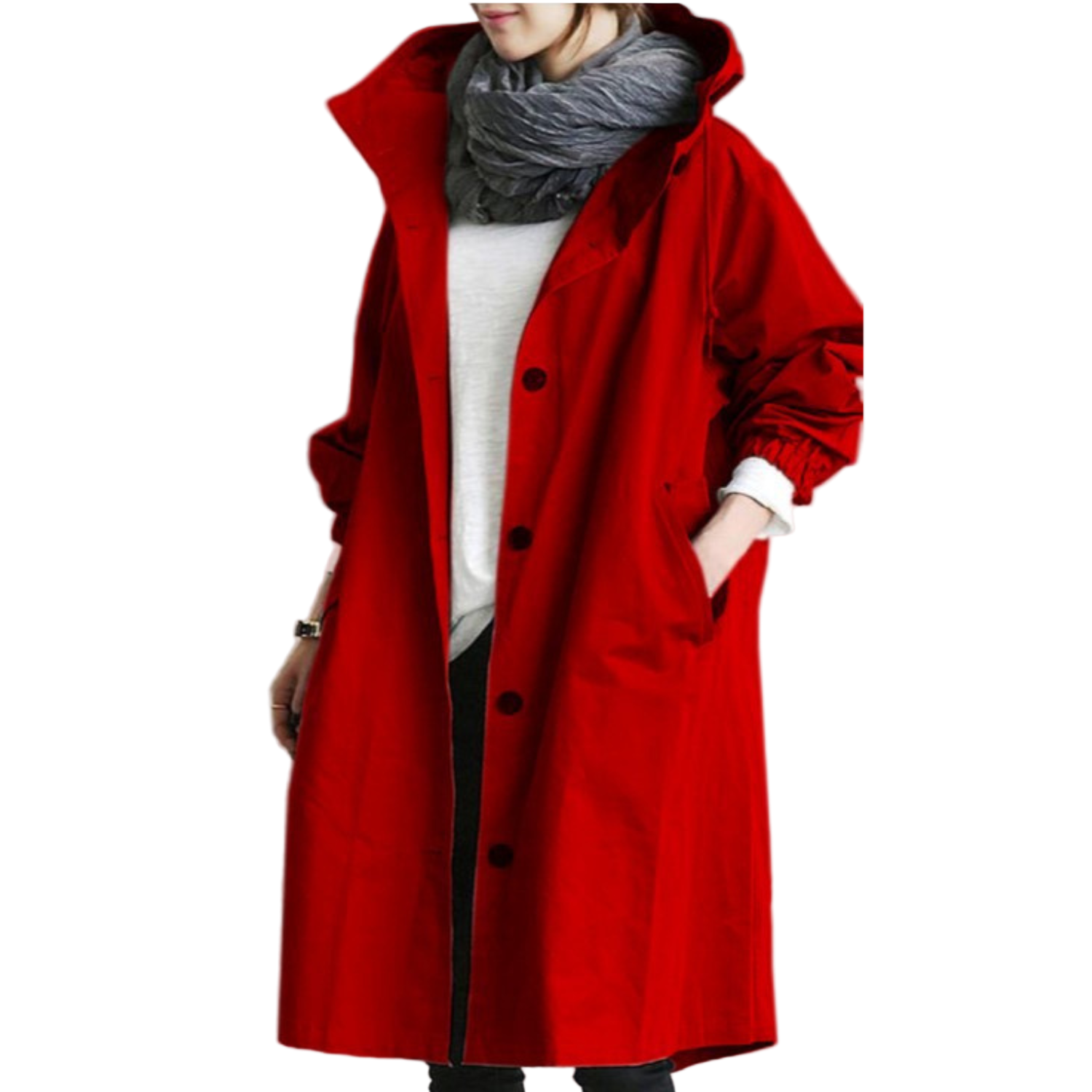 Dames Lange Trenchcoat met Kapuze en Verstelbare Taille 4