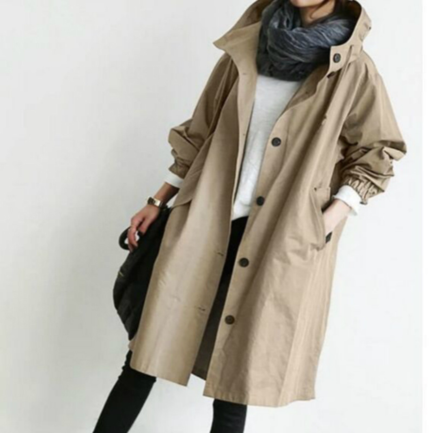 Dames Lange Trenchcoat met Kapuze en Verstelbare Taille 6