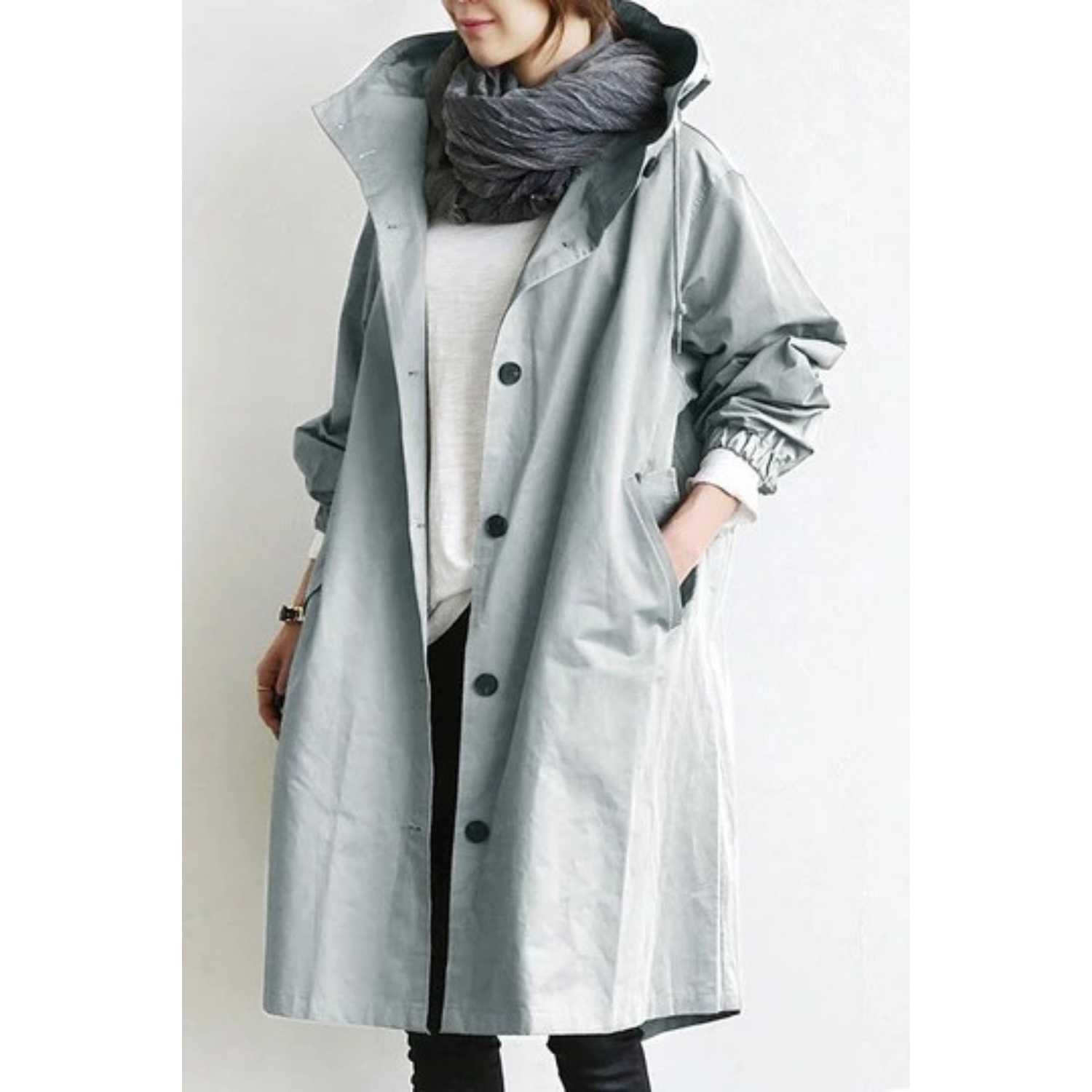 Dames Lange Trenchcoat met Kapuze en Verstelbare Taille 8