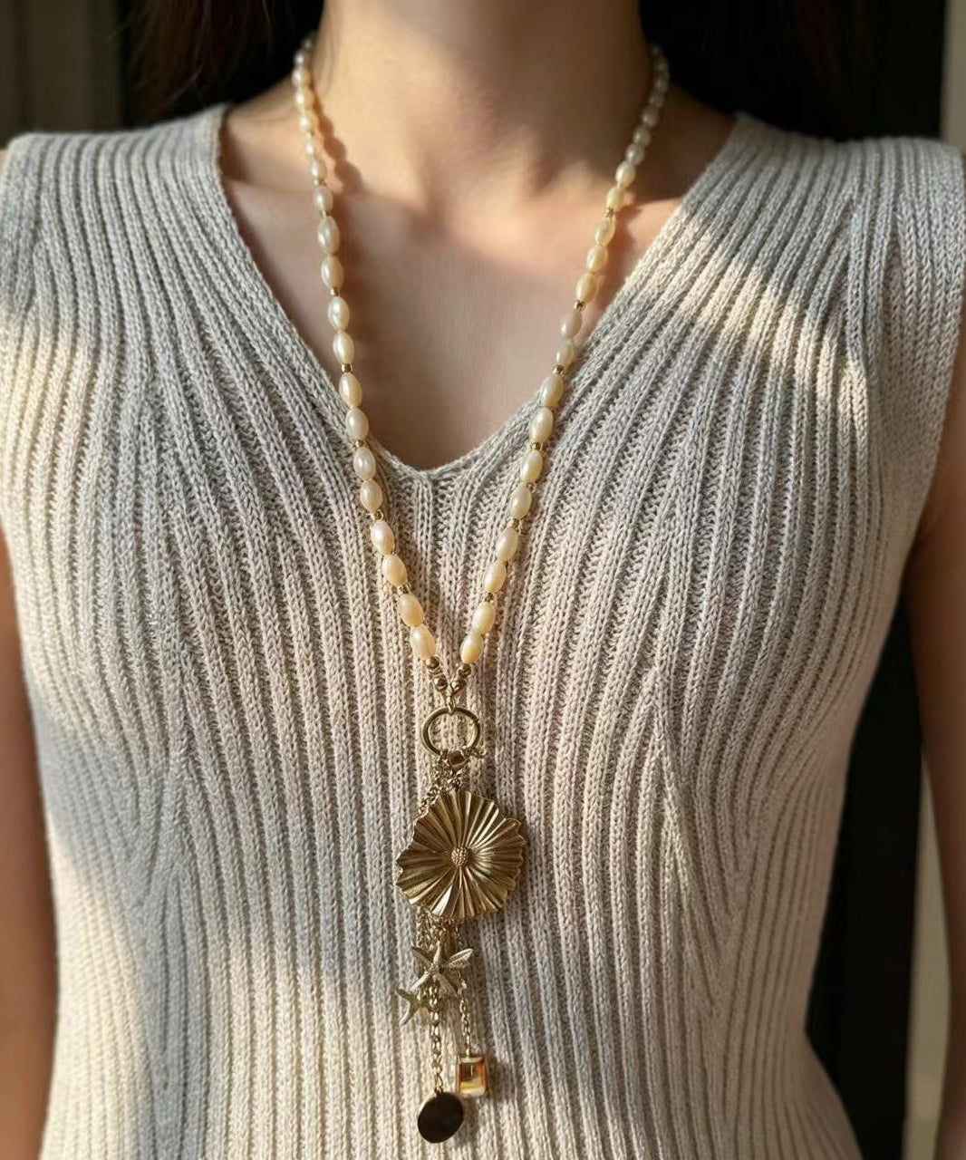 Dames Lariat Ketting Goudkleurig Met Glaskralen 3