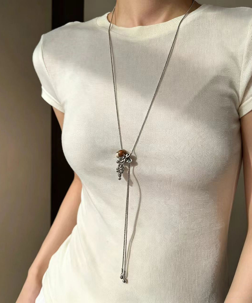 Dames Lariat Ketting Natuursteen Titanium Stijlvol 0