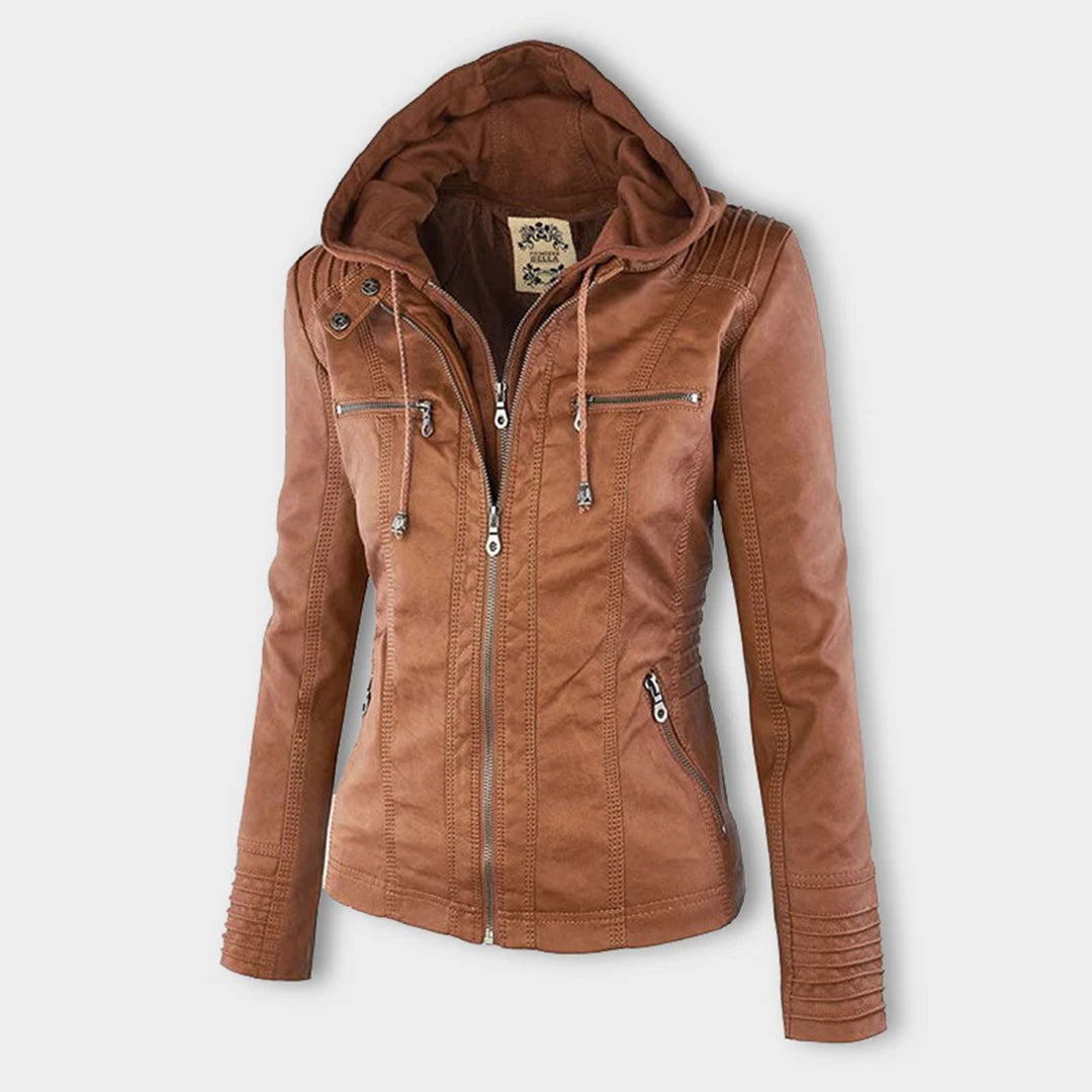 Dames Leren Jas Korte Stijl met Afneembare Capuchon en Thermische Voering 1
