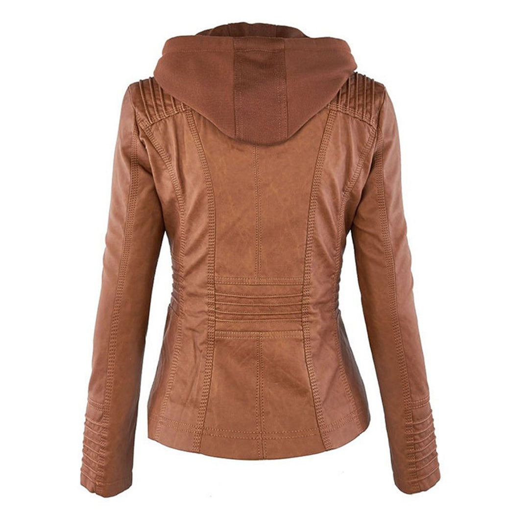 Dames Leren Jas Korte Stijl met Afneembare Capuchon en Thermische Voering 2