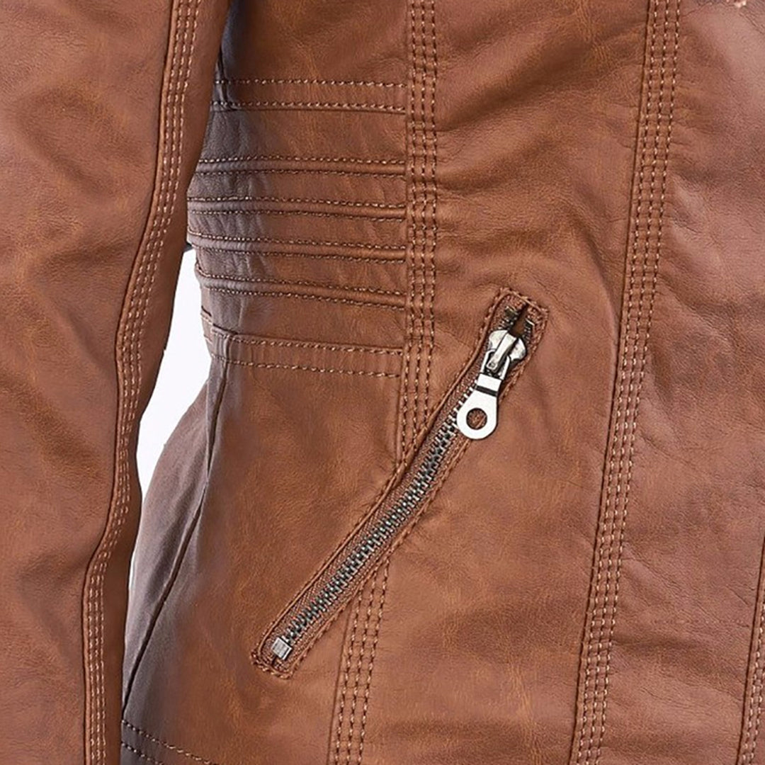 Dames Leren Jas Korte Stijl met Afneembare Capuchon en Thermische Voering 4