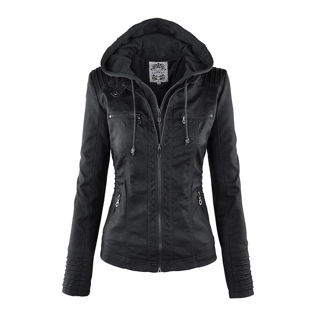Dames Leren Jas Korte Stijl met Afneembare Capuchon en Thermische Voering 5