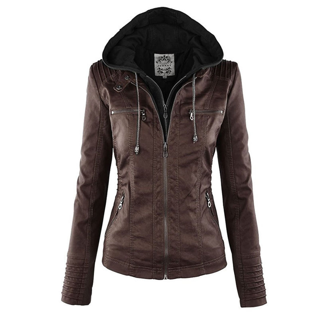 Dames Leren Jas Korte Stijl met Afneembare Capuchon en Thermische Voering 6