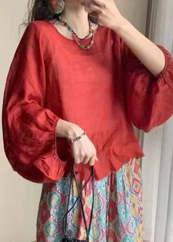 Dames Linnen Blouse O-hals Met Lantaarnmouwen 1