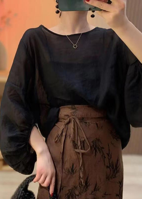Dames Linnen Blouse O-hals Met Lantaarnmouwen 2