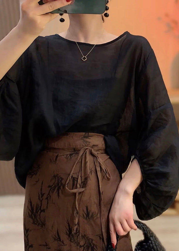 Dames Linnen Blouse O-hals Met Lantaarnmouwen 4