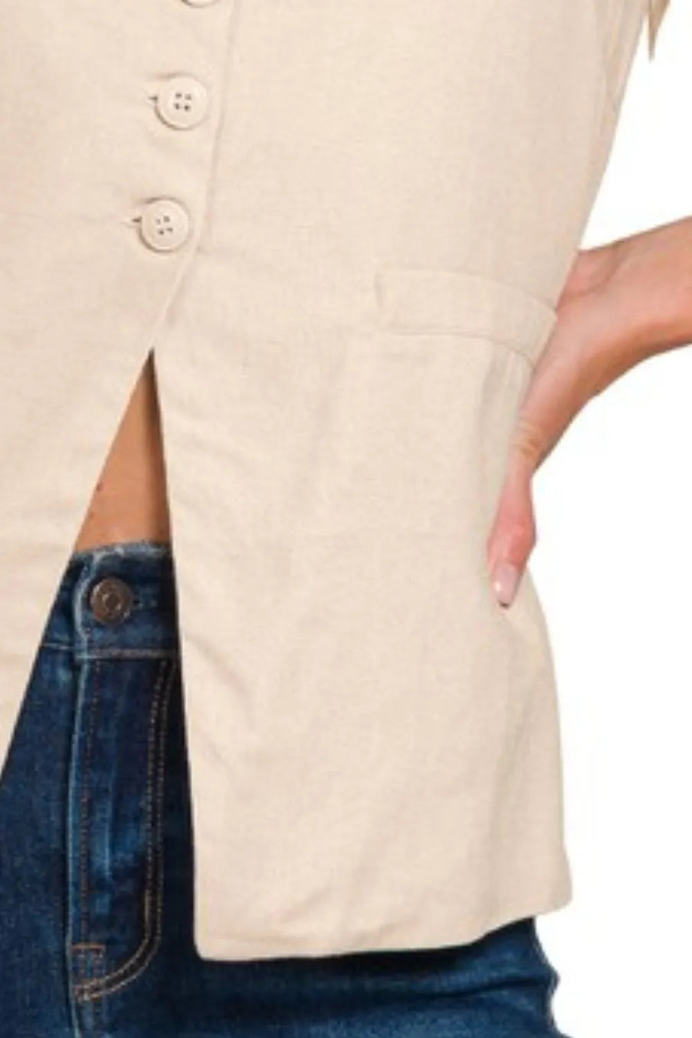 Dames Linnen Mouwloze Vest Met Strik en 4 Knopen 2