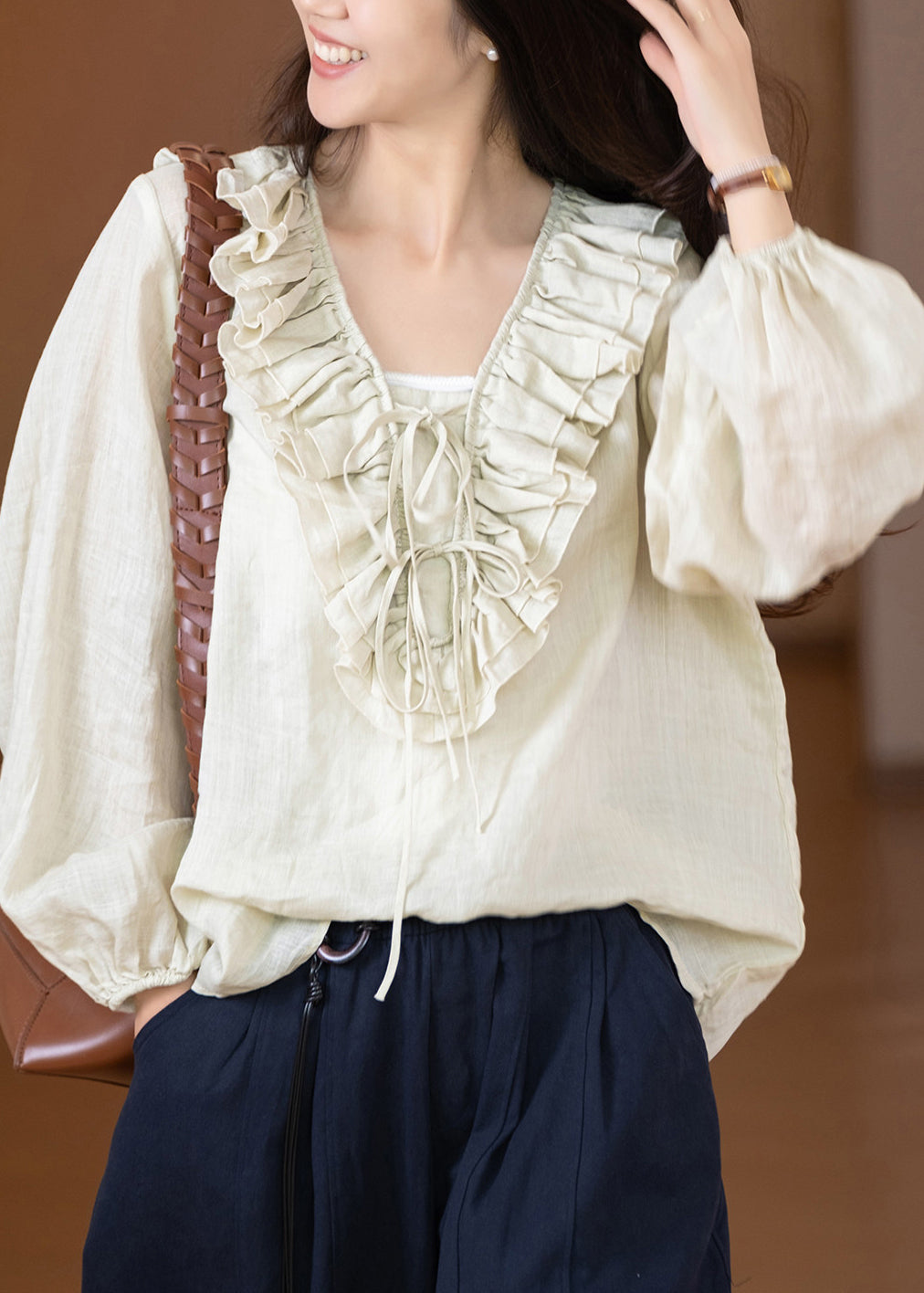 Dames Linnen Overhemd V-hals Patchwork Casual 1