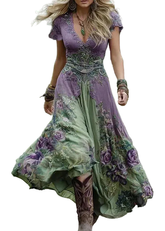 Dames Maxi-jurk Bohemien Stijl Met V-hals En Korte Mouwen 0