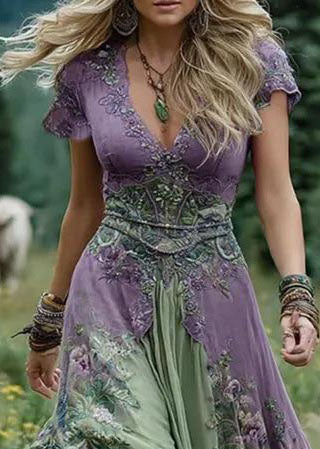 Dames Maxi-jurk Bohemien Stijl Met V-hals En Korte Mouwen 3