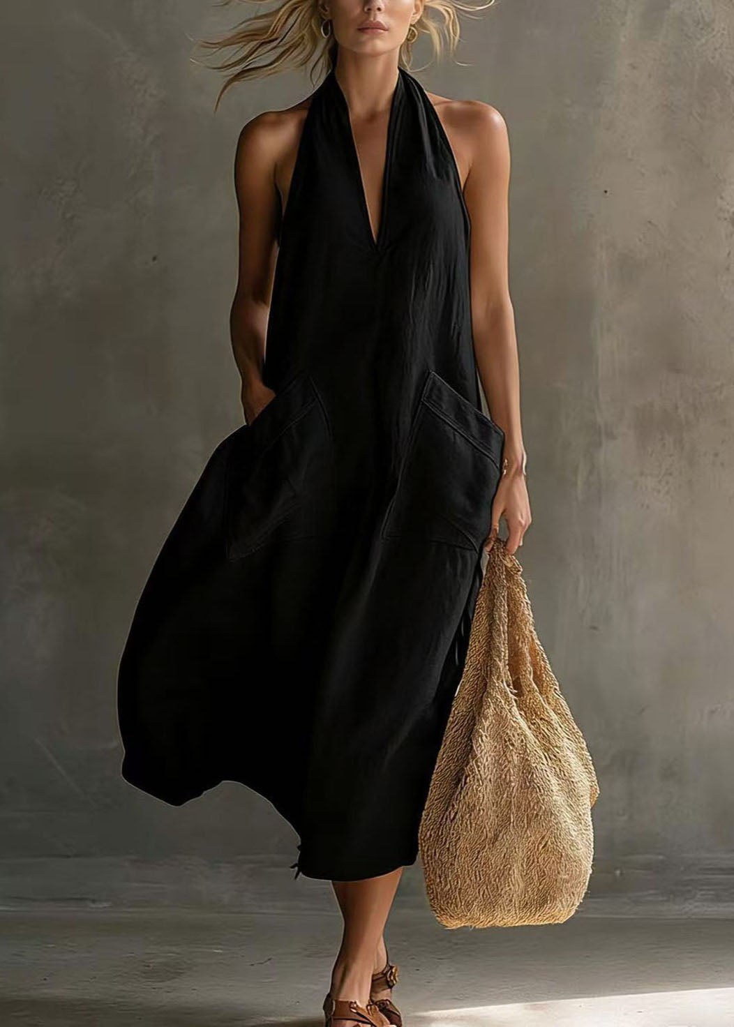 Dames Maxi-jurk Halter V-hals Zonder Mouwen Met Zakken 1
