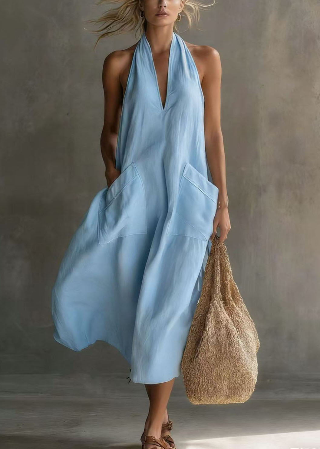 Dames Maxi-jurk Halter V-hals Zonder Mouwen Met Zakken 2