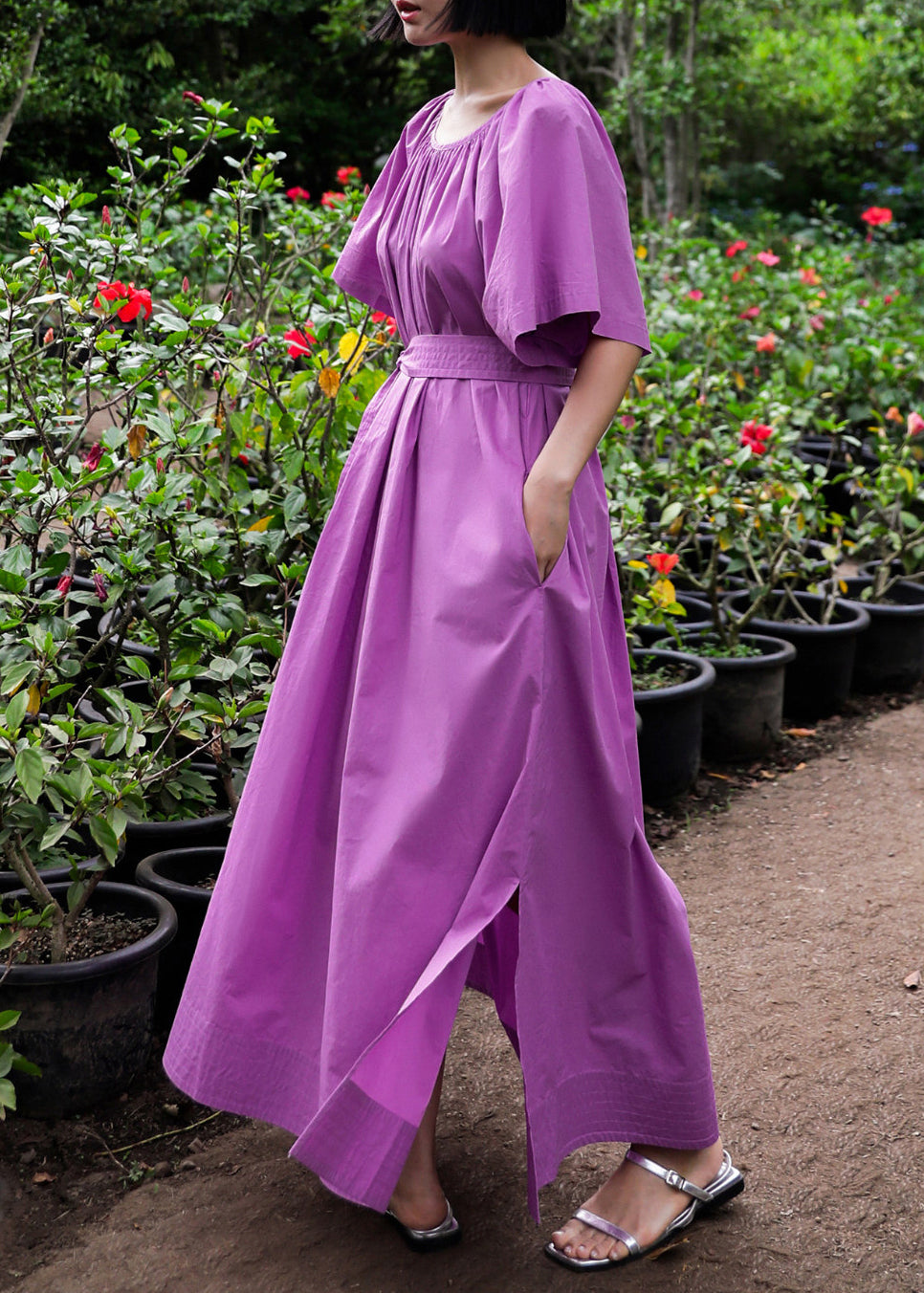 Dames Maxi-jurk Losvallend Zomerstijl met O-hals en Zijdelingse Openingen 4