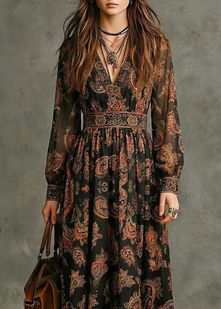 Dames Maxi-jurk V-hals Print Herfststijl 1