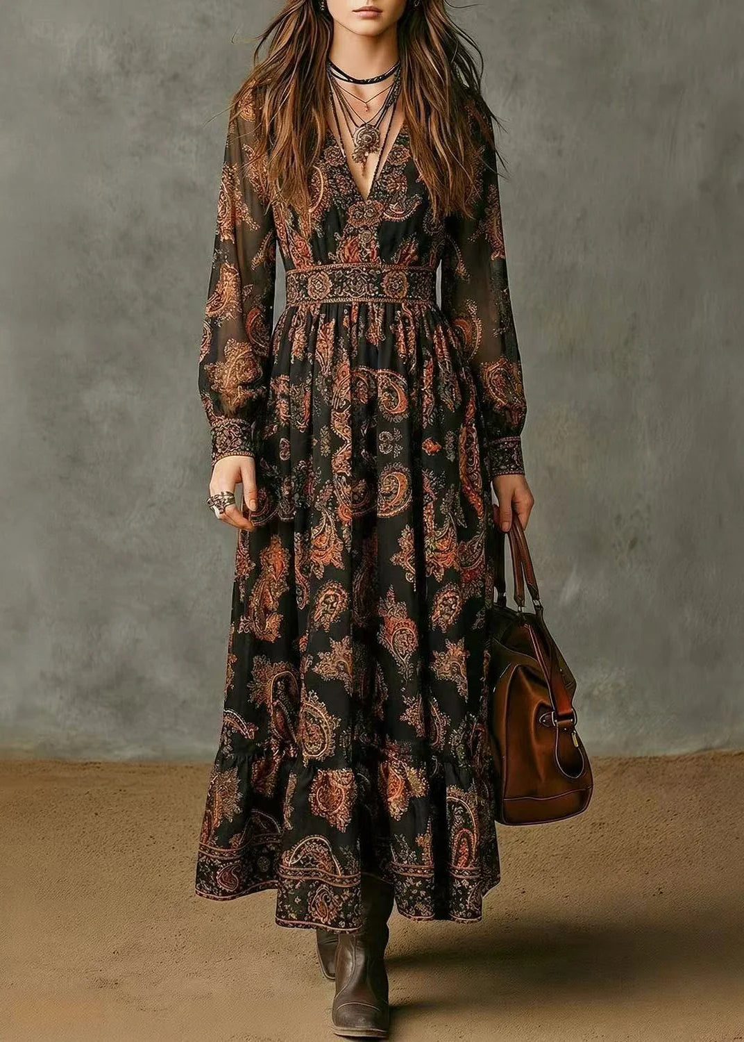 Dames Maxi-jurk V-hals Print Herfststijl 2
