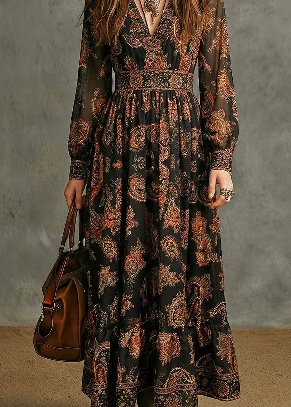 Dames Maxi-jurk V-hals Print Herfststijl 3