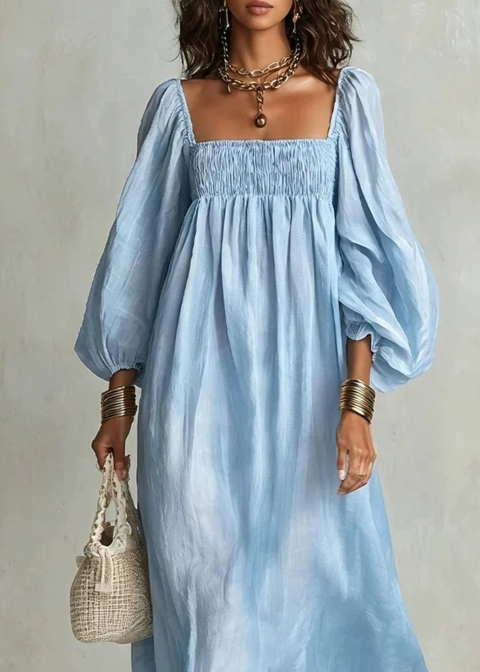 Dames Maxi-jurk Vierkante Kraag Pofmouwen 3