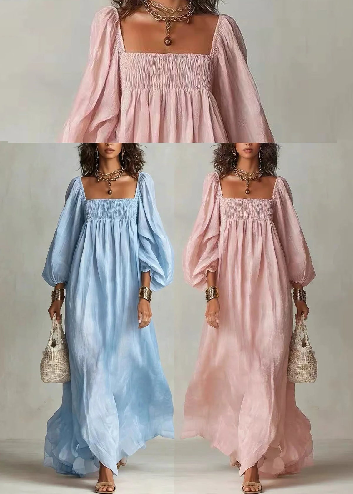 Dames Maxi-jurk Vierkante Kraag Pofmouwen 4