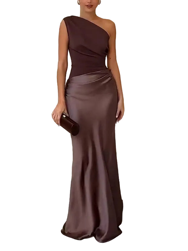 Dames Maxi-jurk met Eén Schouder en Geplooide Details 0