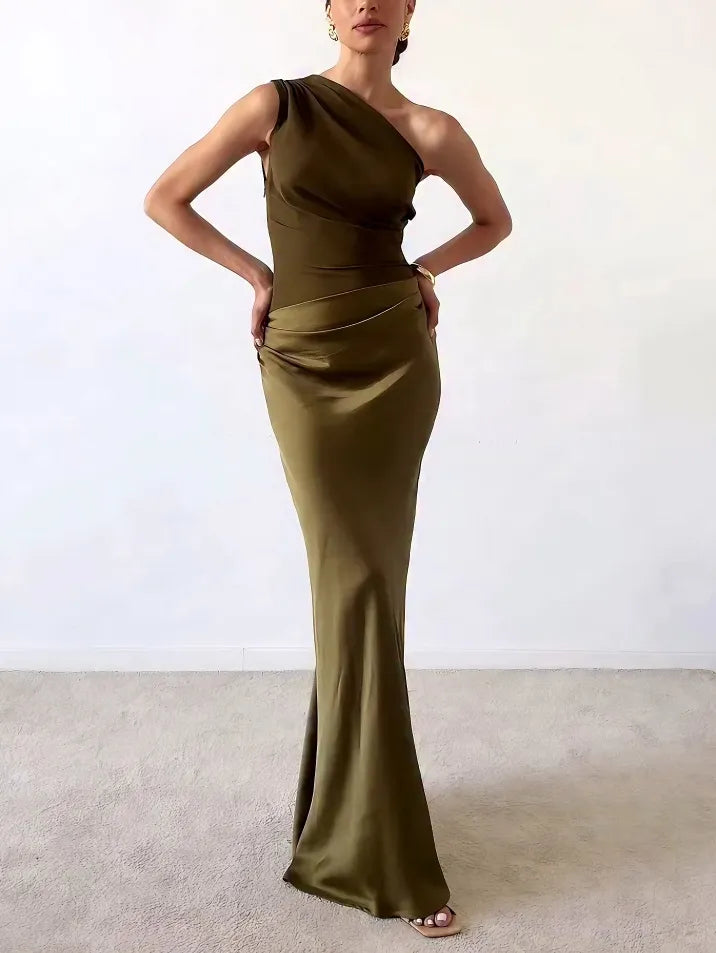 Dames Maxi-jurk met Eén Schouder en Geplooide Details 1