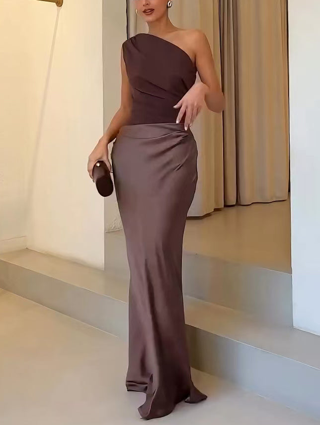 Dames Maxi-jurk met Eén Schouder en Geplooide Details 5