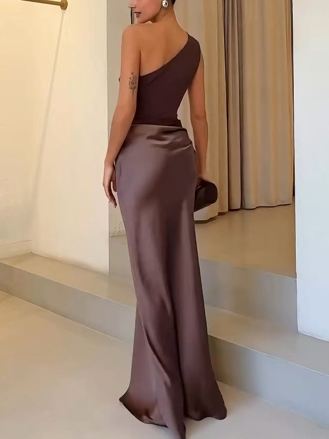 Dames Maxi-jurk met Eén Schouder en Geplooide Details 6