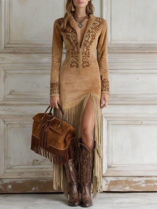 Dames Maxi-jurk met Lange Mouwen en Franjes 1
