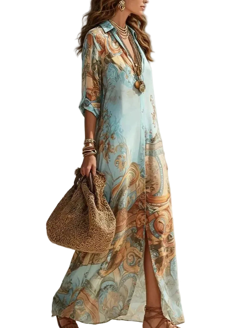 Dames Maxi-jurk met Peter Pan-kraag en Print 0