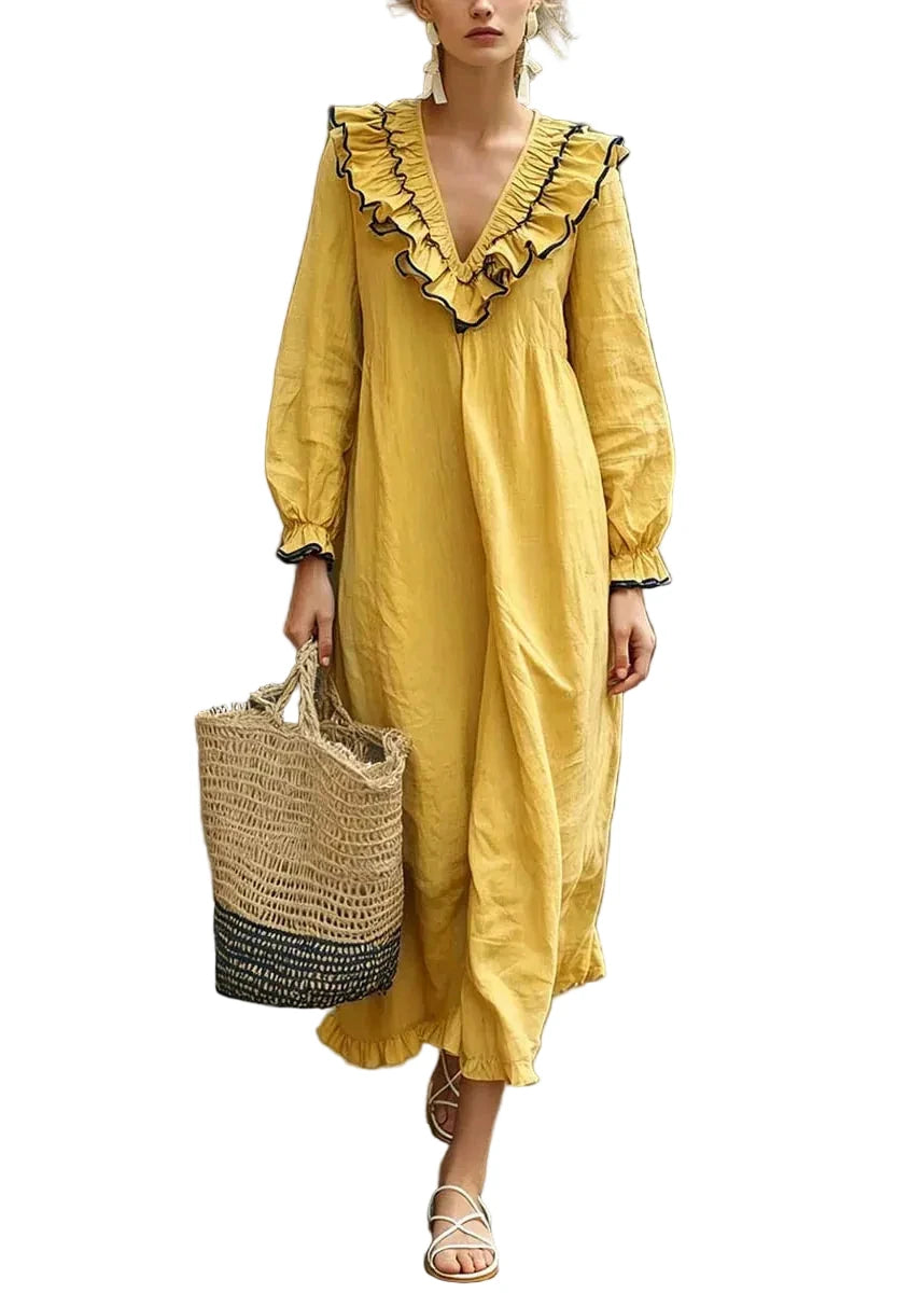 Dames Maxi-jurk met Ruches en Patchwork Herfststijl 0