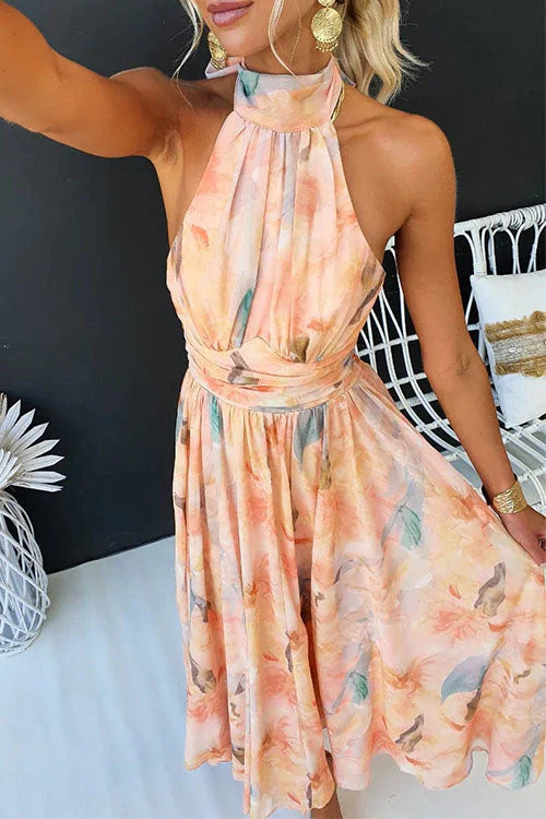 Dames Maxi Jurk Aquarelprint Halter Voor Zomer Evenementen 3