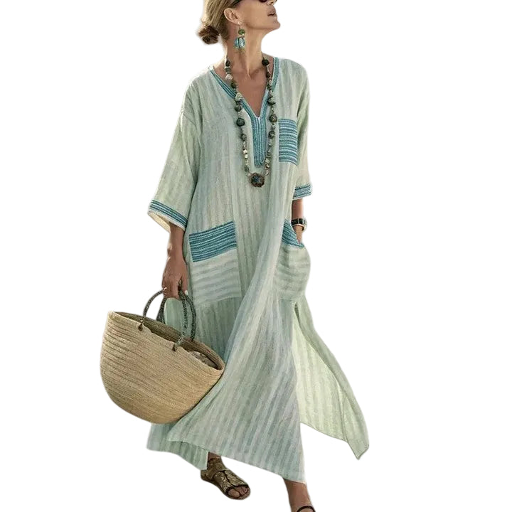 Dames Maxi Jurk Bohemian V-Hals Lange Zomerjurk met Functionele Zakken 0