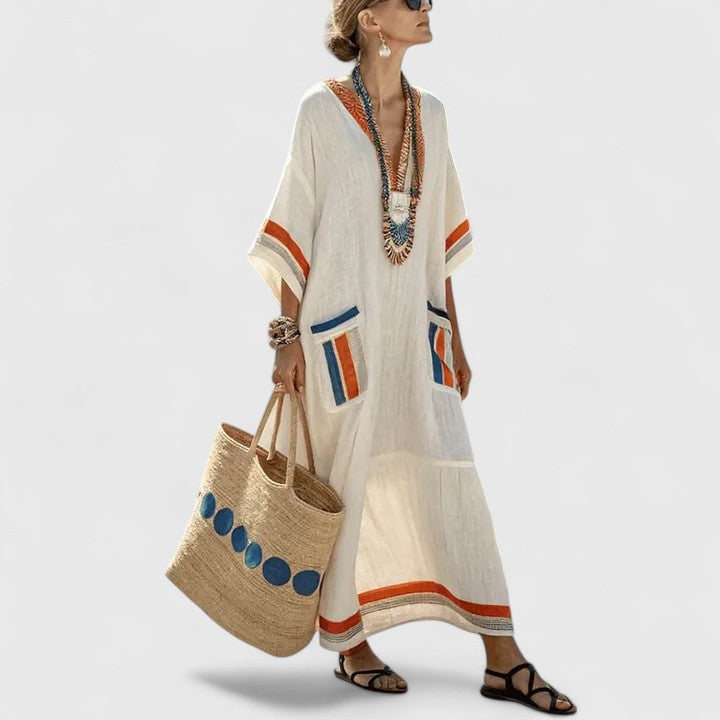 Dames Maxi Jurk Bohemian V-Hals Lange Zomerjurk met Functionele Zakken 2