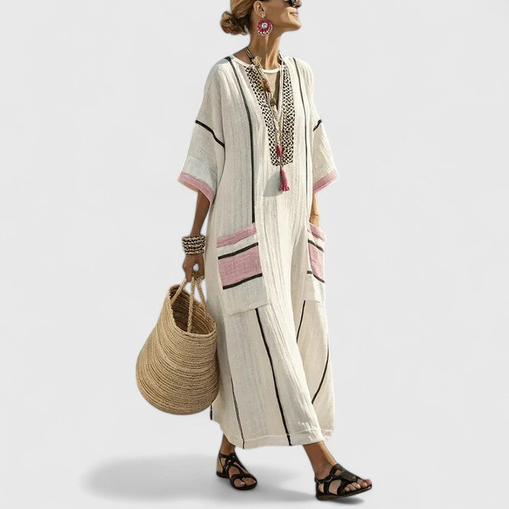 Dames Maxi Jurk Bohemian V-Hals Lange Zomerjurk met Functionele Zakken 3