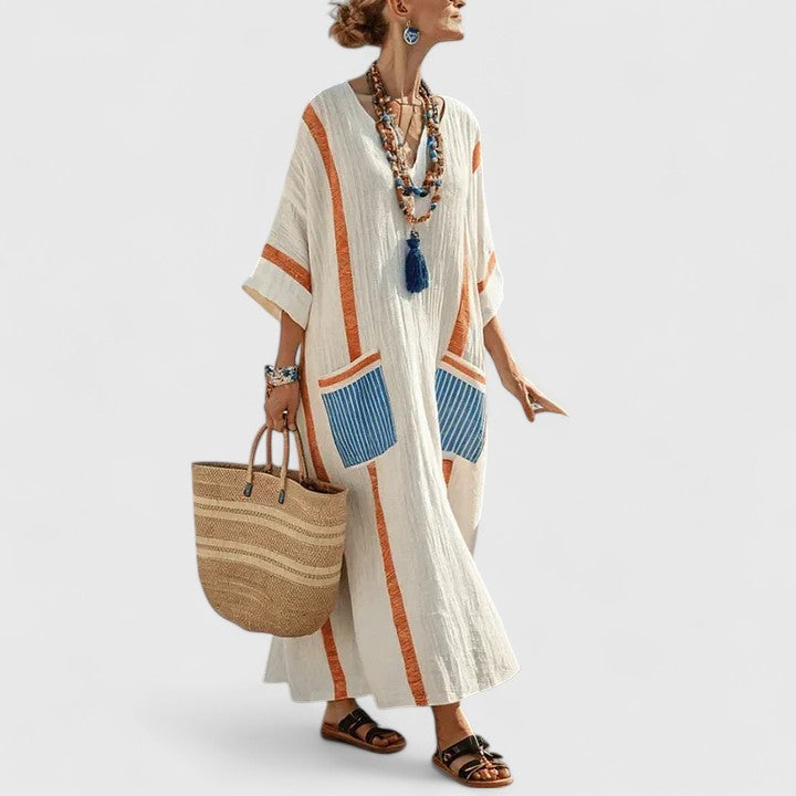 Dames Maxi Jurk Bohemian V-Hals Lange Zomerjurk met Functionele Zakken 5