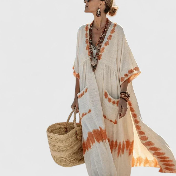 Dames Maxi Jurk Bohemian V-Hals Lange Zomerjurk met Functionele Zakken 6