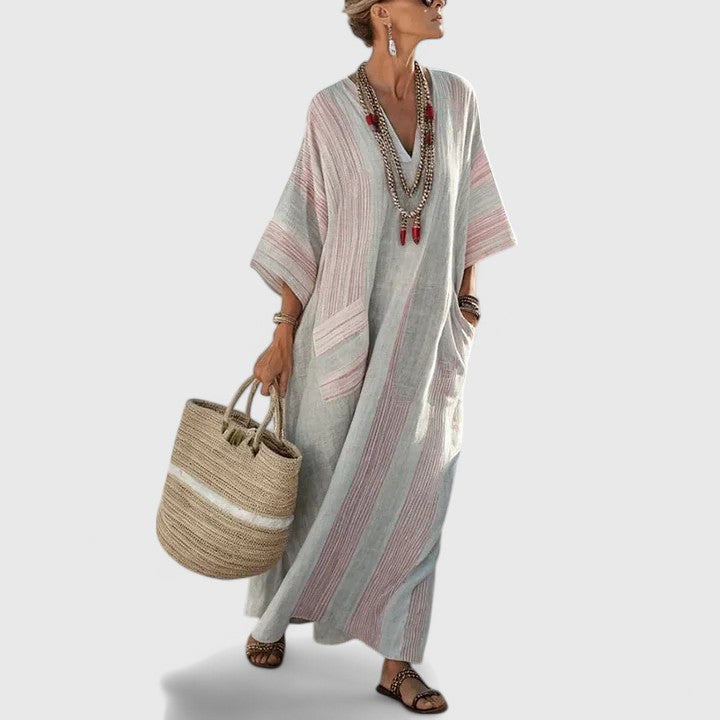 Dames Maxi Jurk Bohemian V-Hals Lange Zomerjurk met Functionele Zakken 7