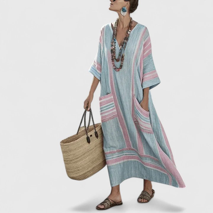 Dames Maxi Jurk Bohemian V-Hals Lange Zomerjurk met Functionele Zakken 8