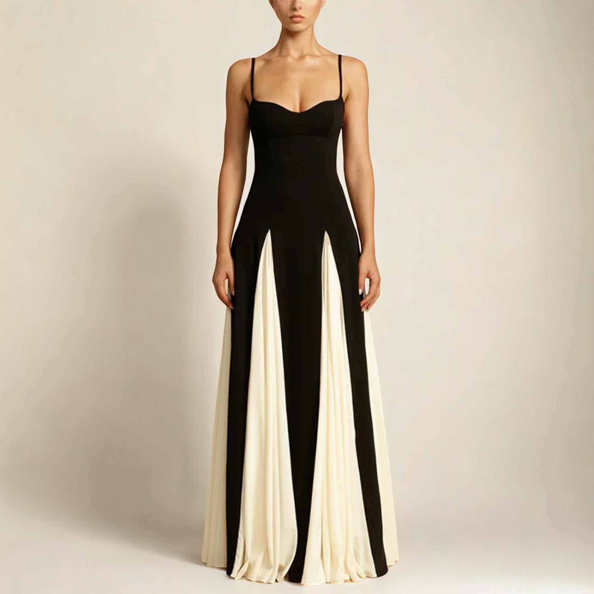 Dames Maxi Jurk Elegante Lange Zwart-Wit Vloeiende Stof 1