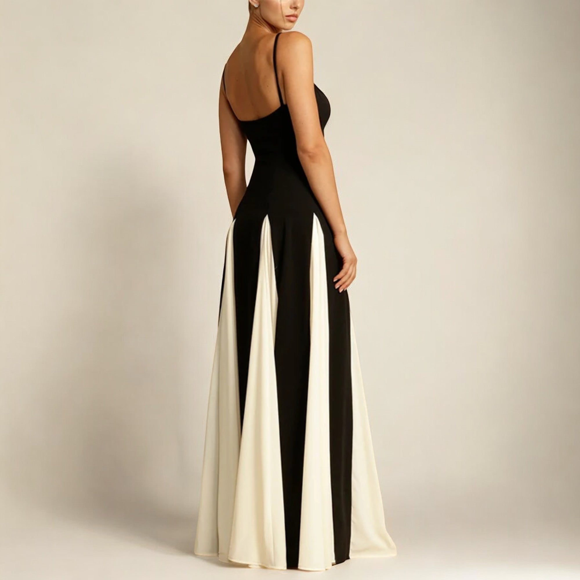 Dames Maxi Jurk Elegante Lange Zwart-Wit Vloeiende Stof 4
